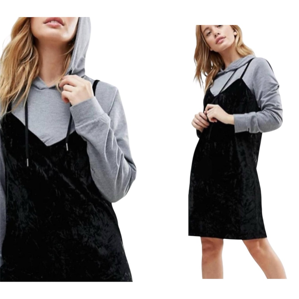 Nwot Velvet Hooded Dress In Black/Gray